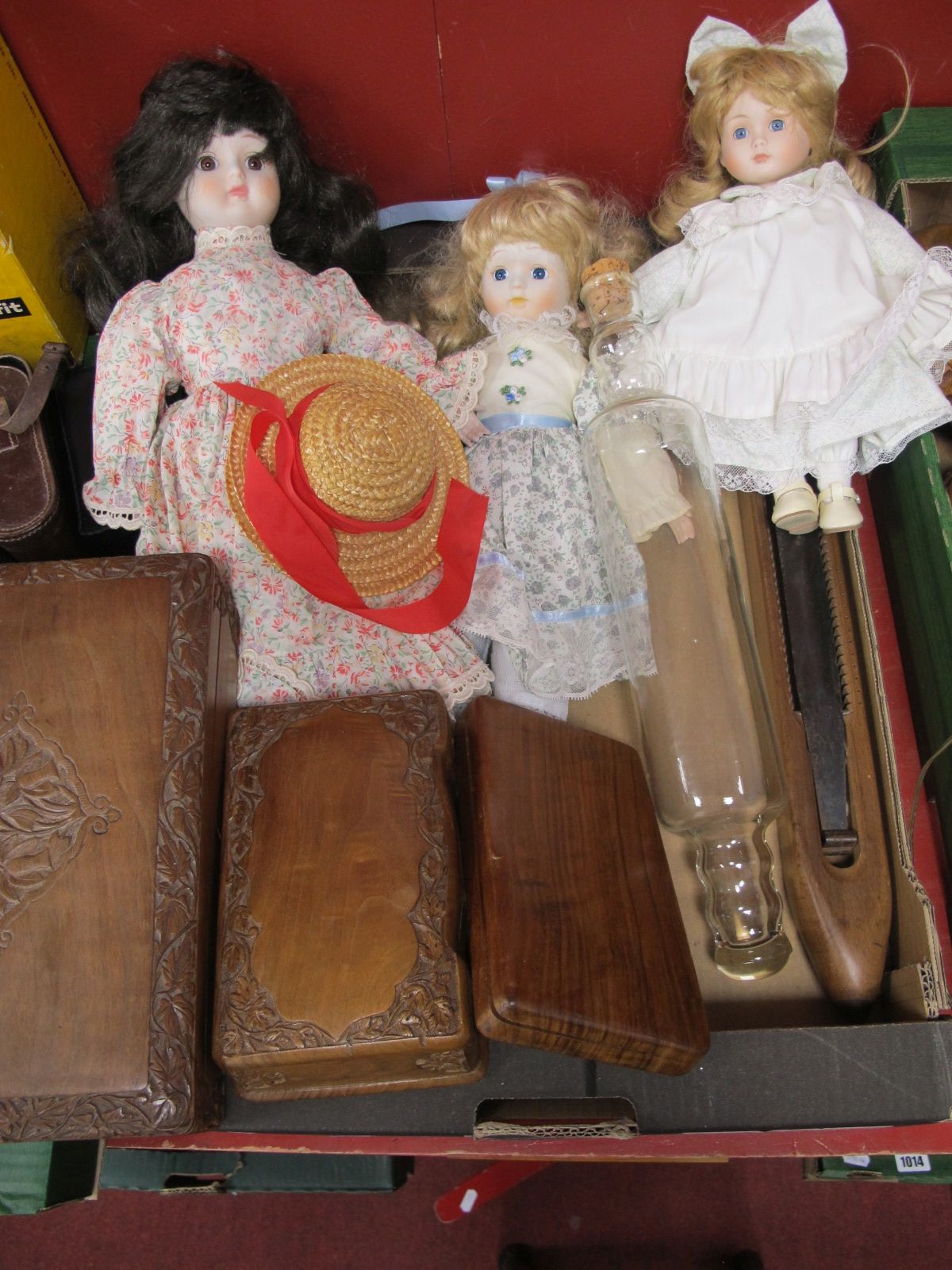Three Indian Hardwood Boxes, three dolls, loom, glass rolling pin.
