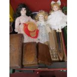 Three Indian Hardwood Boxes, three dolls, loom, glass rolling pin.