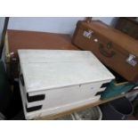 A XIX Century White Painted Pine Blanket Chest, 62.5cm wide; plus two suitcases. (3)