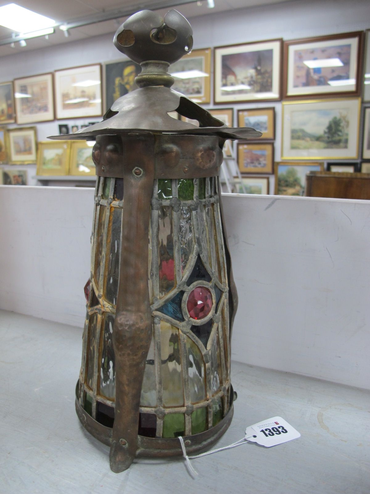 Arts and Crafts Beaten Copper Framed Ceiling Light, of tapering circular form with leaded glass