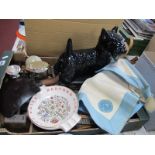Black Pottery Scottie Terrier, 24.5cm high, hall brush set, cutlery, clock, ashtray, Iron weights,
