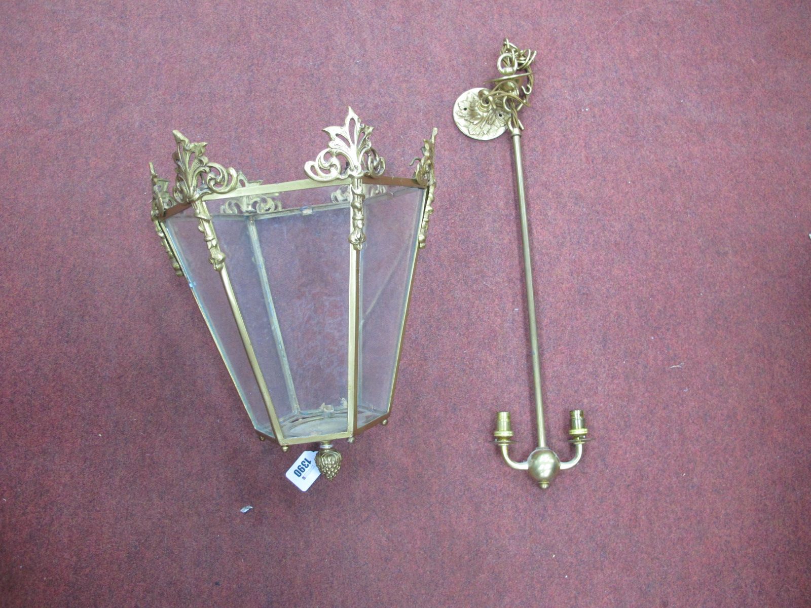 A XX Century Gilded Brass Hexagonal Shaped Ceiling light, with glass panels.