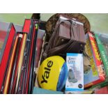 Camera Case, games, alarm system, copper plaque, etc:- One Box plus two cased snooker cues.