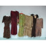 Six Circa 1920's Day/Dinner Dresses, including floral chiffon with bolero, brown crepe with velvet