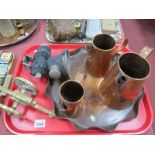 Lucas Carbide lamp, copper tray, three graduated jugs.