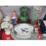 A Doulton 'Maureen' Figurine, studio pottery, mirror, pair of pottery candlesticks, etc:- One Tray