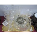 Two Whisky Decanters, Doulton Jug, glass bowls, etc:- One Tray