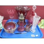A XIX Century Cranberry Glass Decanter, fluted vase, sugar sifter, ruby waisted glass vase, etc:-