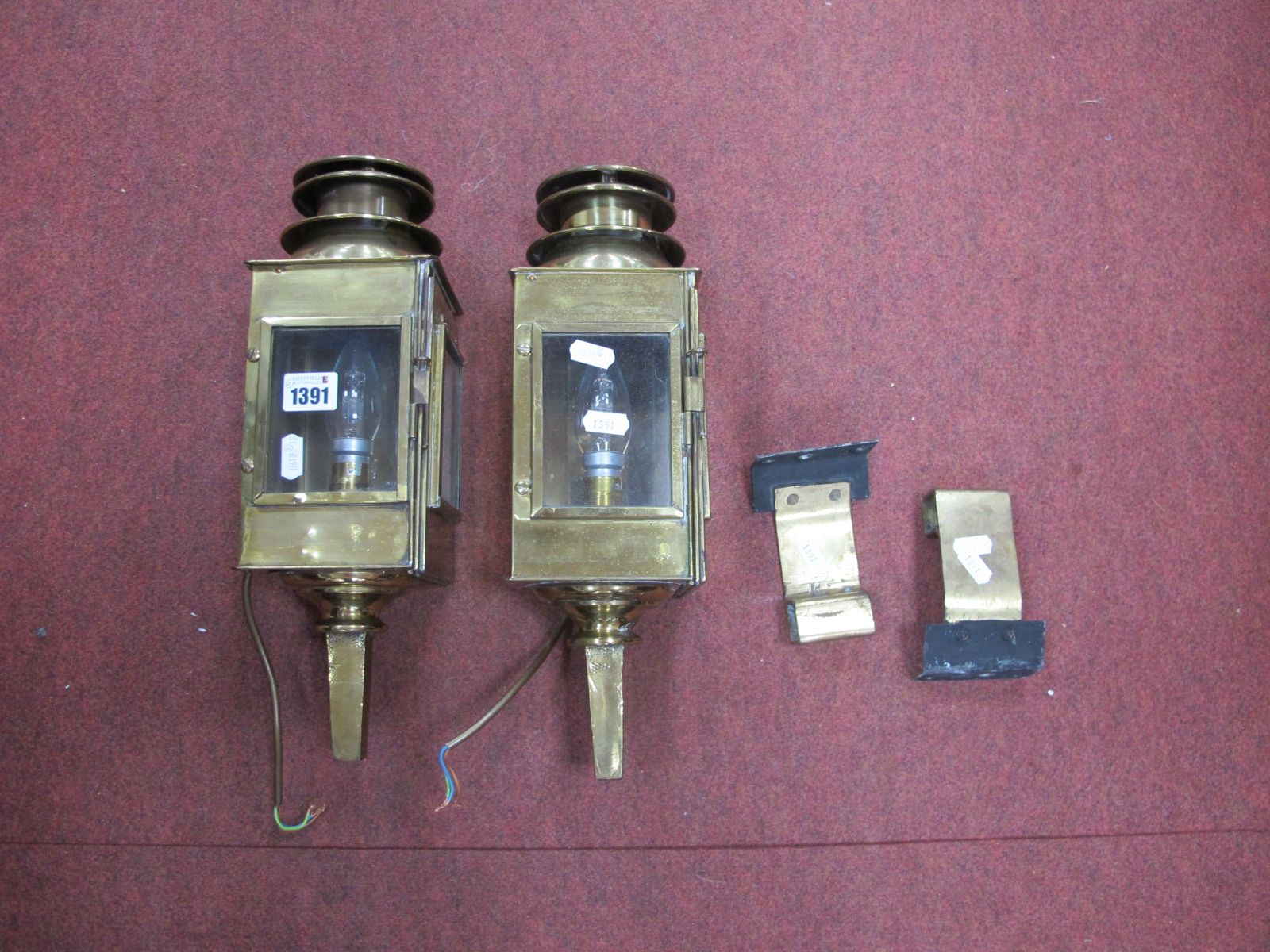 Ouvrard - Villars & Perez, pair of French brass carriage lamps, converted to electricity, 37cm