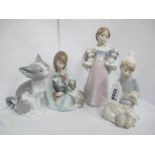 Lladro Kitten 5113, 13cm high. Lady holding dogs (repaired), two seated figures holding animals. (