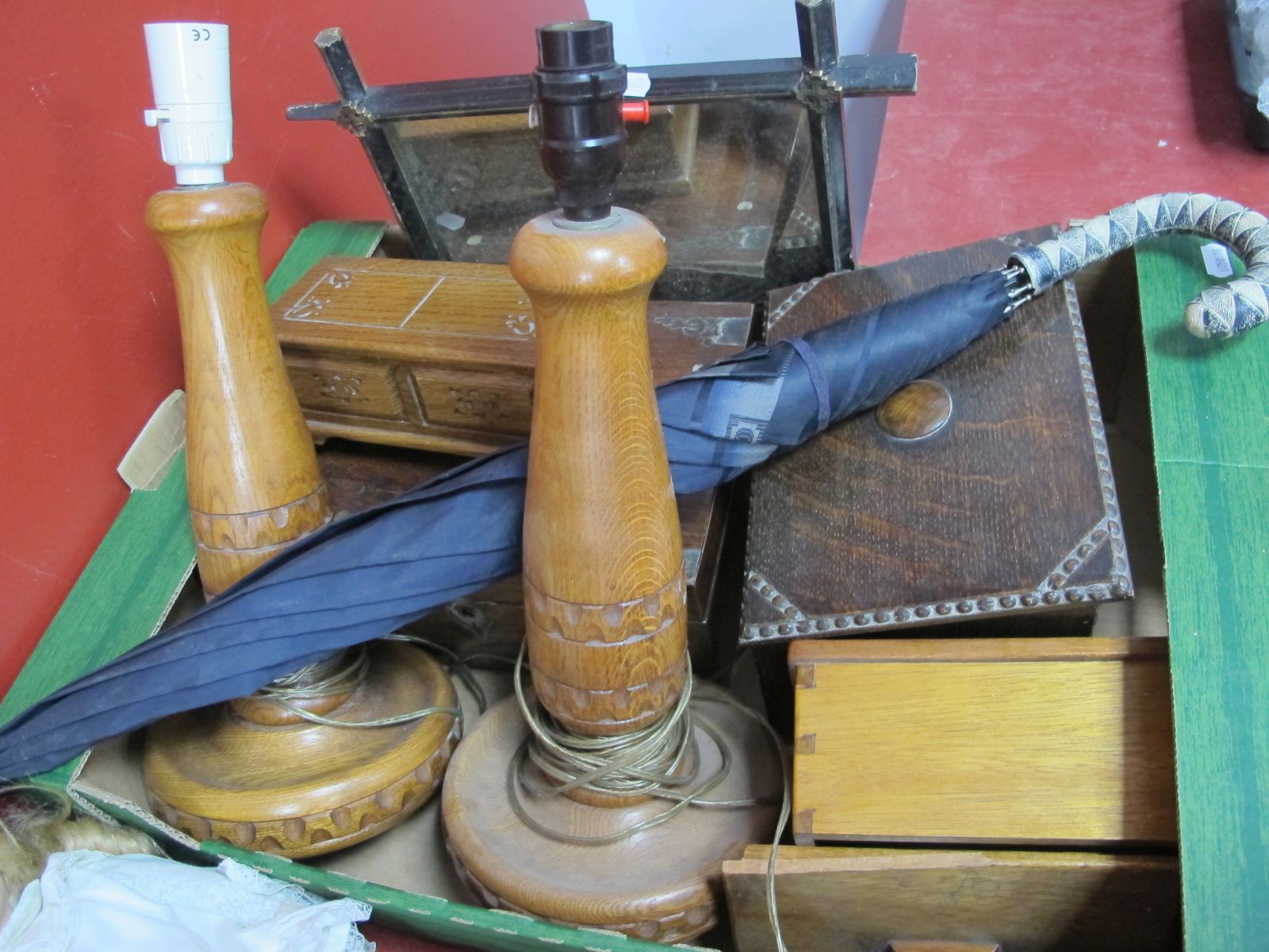 A XIX Century Rosewood Box, 1920's oak box, pair of oak table lamps::- One Box