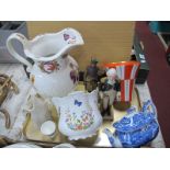 A Hand Painted Wash Jug, possibly Coalport (repaired), Copeland Italian Spode tea pot, figurines,