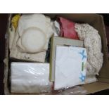 Vintage Linen Tablecloths, dollies, etc:- One Box