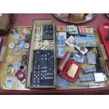 Badges, Medallions, Lighters, Matchboxes, Bone Dominoes, etc:- One Tray