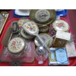 Tapestry Inset Dressing Table Ware, including clock and cigarette lighter, Brierley crystal