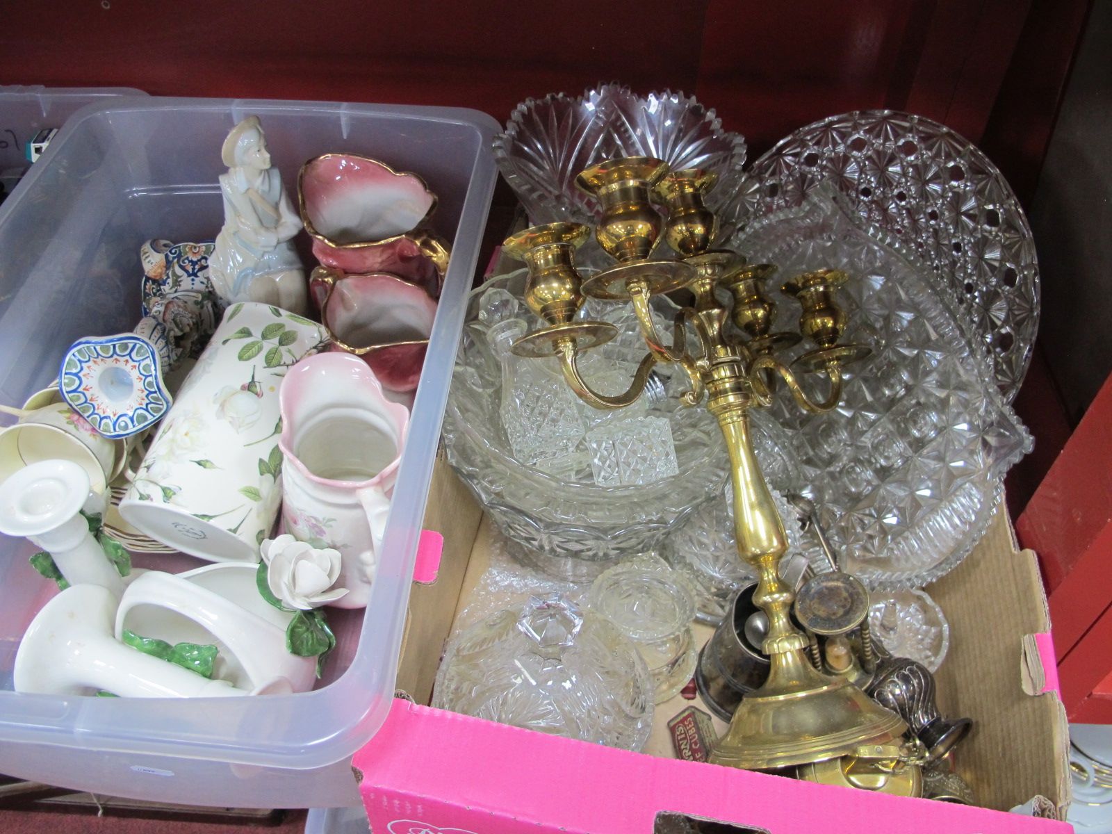 Glassware, brass candelabra, plated sugar caster, pottery jugs, etc:- Two Boxes.