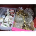 Glassware, brass candelabra, plated sugar caster, pottery jugs, etc:- Two Boxes.