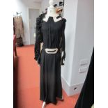 A Circa 1930's Day/Dinner Dress, black bias cut crepe with cream beaded and black sequin detail at