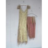 A Vintage Cream Sequinned and Beaded Dress, with cream slip beneath; together with a square shawl