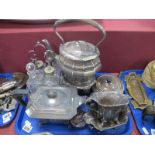 Four Bottle Cruet Set, spirit kettle, three piece plated tea service, etc:- One Tray.