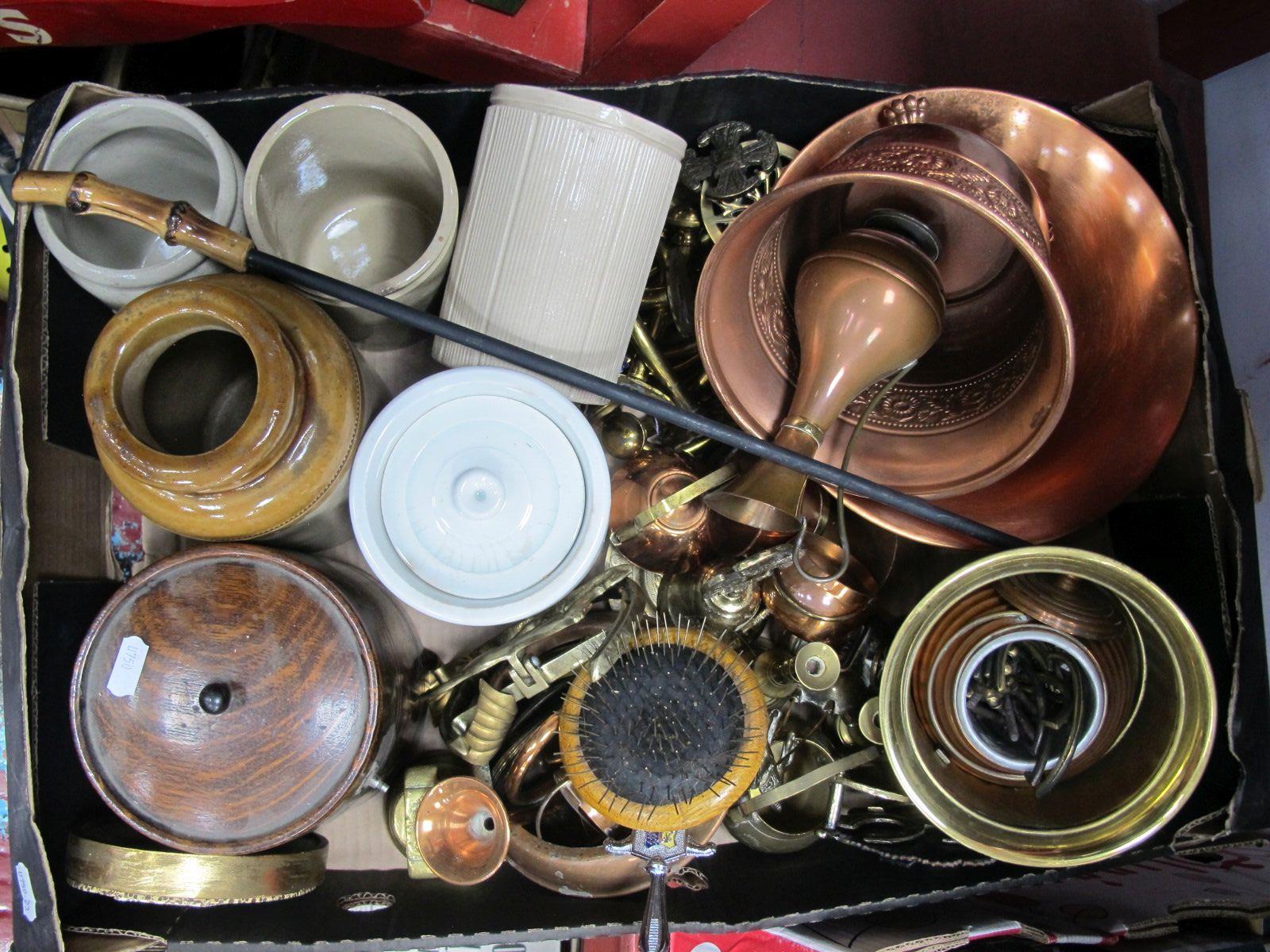 A XIX Century Storage Jar, brass coat hooks. copper bowl, etc:- One Box