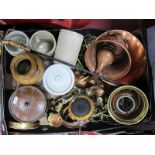 A XIX Century Storage Jar, brass coat hooks. copper bowl, etc:- One Box