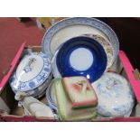 A XIX Century Pair of Blue White Tureens, meat plate, etc:- One Box.