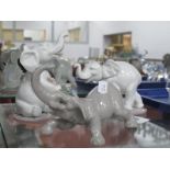 Lladro Elephant, on oval base 6460 11.5cm wide, two others. (3)