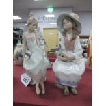 Lladro Lady with Cats 5443, 25cm high, and girl holding dog 6400. (2)