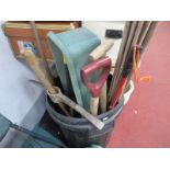 Quantity of Garden Tools, pick axe, canes, in black bin.