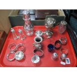 Plated Ware, to include sugar sifter, goblet, condiments, napkin rings:- One Tray