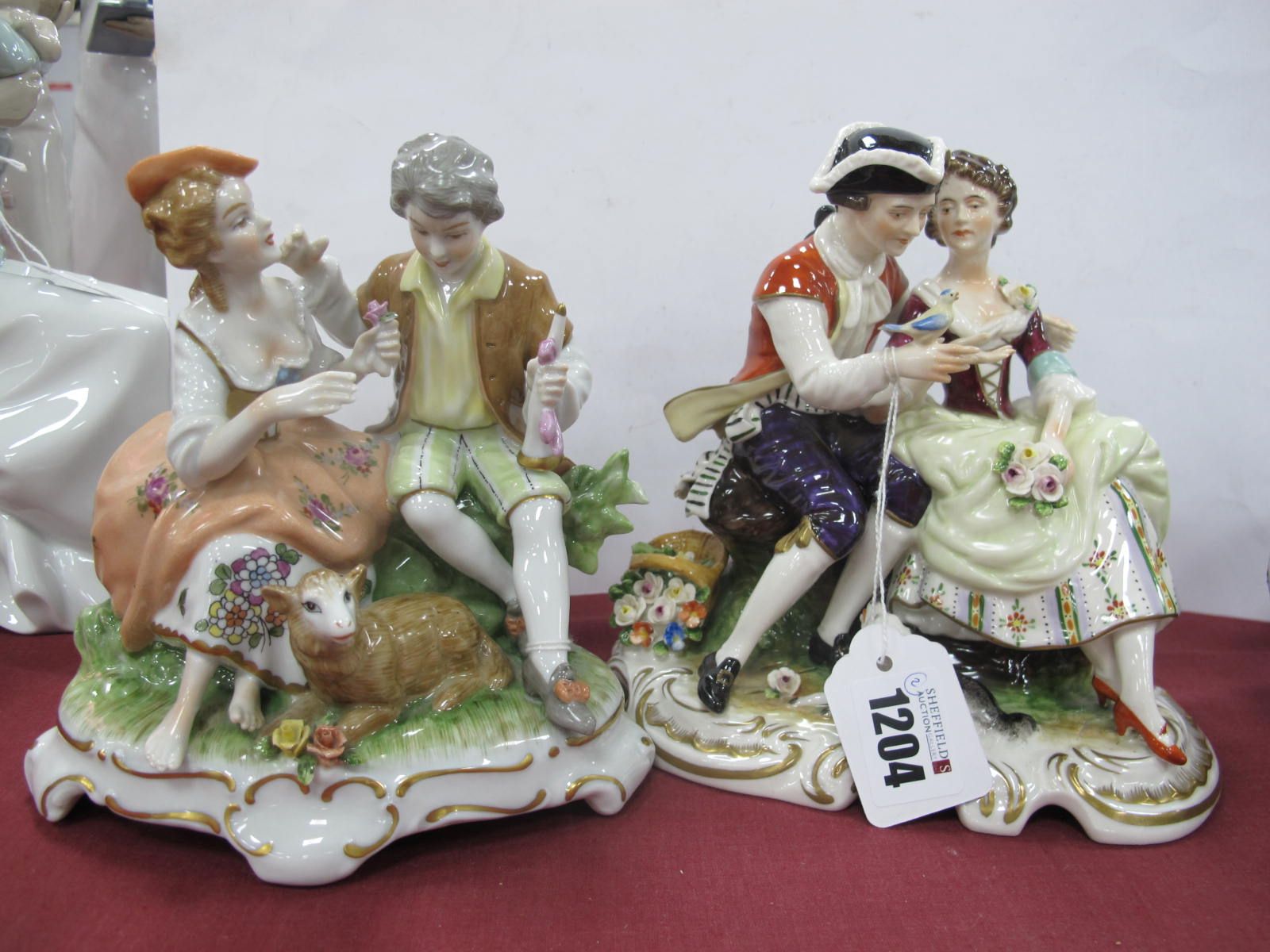 Dresden Porcelain Figure Group, of courting couple admiring a bird with dog in attendance, 'K' under