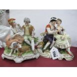 Dresden Porcelain Figure Group, of courting couple admiring a bird with dog in attendance, 'K' under