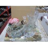 A Cut Glass Vase, decanter, Arthur Wood piggy bank, etc:- One Tray.