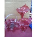 A XIX Century Cranberry Glass Vase, with wavy rim. Lily vase 34cm high, later basket with clear