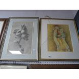 J Morton Artwork, still life of fruit, signed bottom right, together with a watercolour of figural