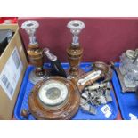 A Pair of Oak and Chrome Candlesticks, 23cm high, barometer, seven whistles on chain, hip flask.