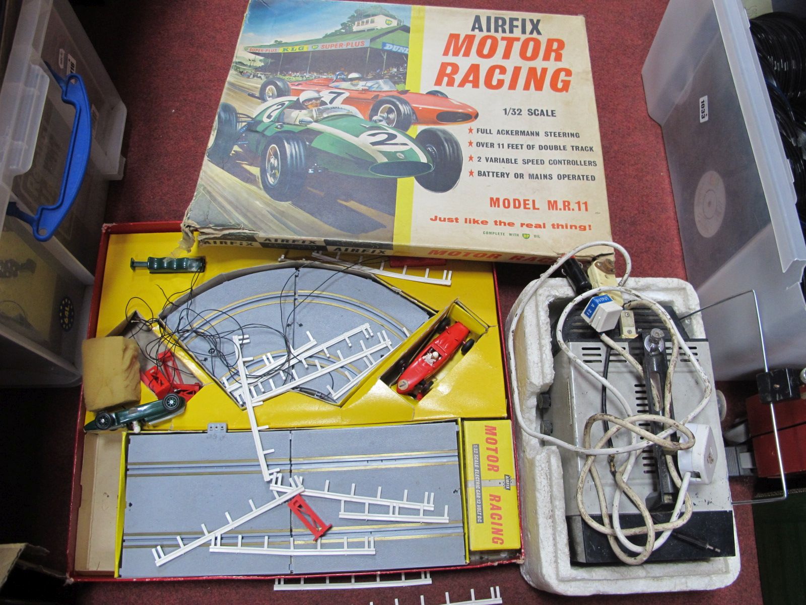 A Russian Portable T.V, Airfix motor racing model M.R.11 (completeness unknown). (2)