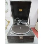 HMV Portable Record Player, having No. 58, swivel arm, in black leatherette casing.