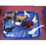 Whitefriars Ruby Glass Duck, Beswick calf, Beswick duck:- One Tray