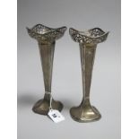 A Pair of Hallmarked Silver Vases, HLB, Birmingham 1925, each with scroll pierced rim, on rounded