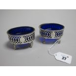 A Pair of Hallmarked Silver Salts, Thomas Nash, London 1772, each of oval openwork design, raised on