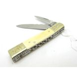 Clayton Pocket Knife, with ivory scales, brass etched bolsters initialled "G.W", two blades with
