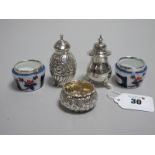 A Pair of Hallmarked Silver Mounted Ceramic Salts, (dents); Together with Two Hallmarked Silver
