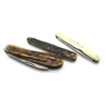 J. Greenhough Sheffield Pocket Knife, three blades, brass linings and work back to spine, ivory