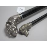 A Hallmarked Silver Handled Walking Cane, WW, Birmingham 1993, modelled as the head of a boxer
