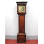 An XVIII Century Oak Thirty-Hour Longcase Clock, the hood with stepped cornice and blind fret