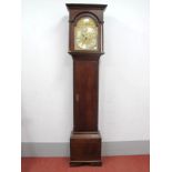 An XVIII Century Oak Longcase Clock, the hood with stepped pediment over arched door with reeded