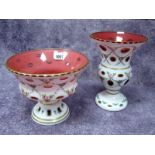 A Mid XX Century Bohemian Glass Pedestal Bowl, the cranberry ground overlaid in white and painted