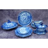 A Collection of Brameld Pottery Blue and White Dinner Wares, all printed with figures before a